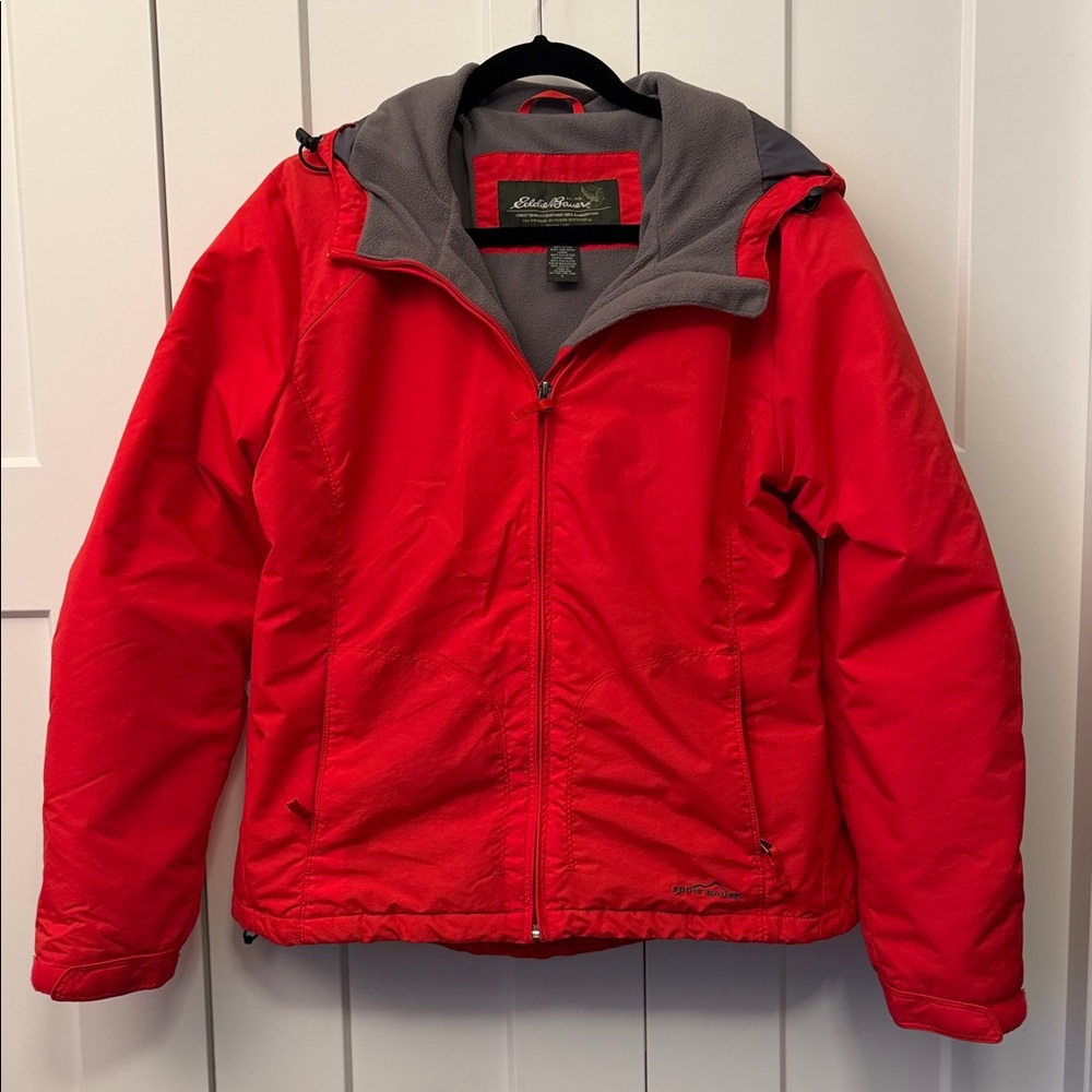 Women’s Eddie Bauer Bright Red Hooded Jacket with Gray thermal insulation lining